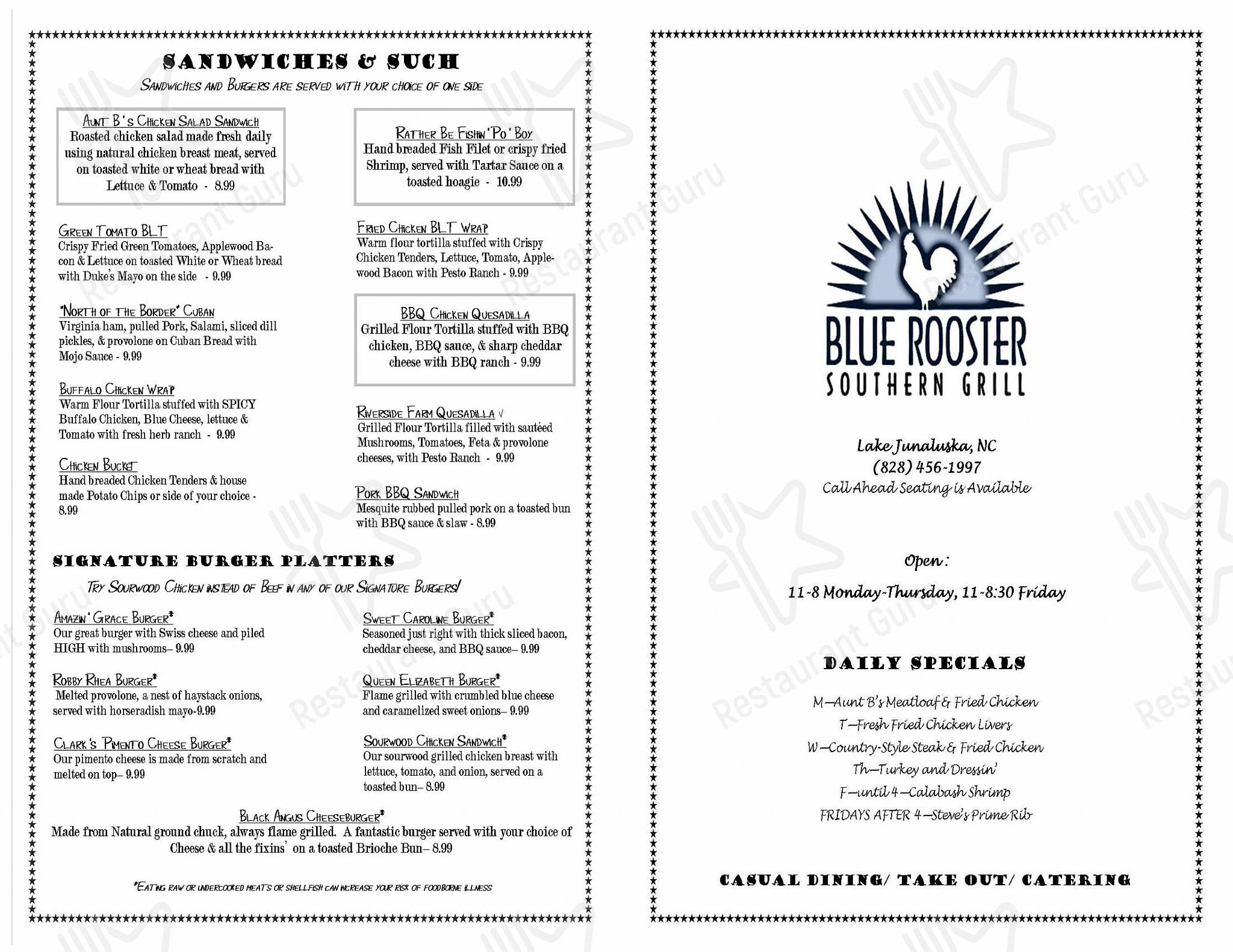 Menu at Blue Rooster Southern Grill restaurant, Lake Junaluska