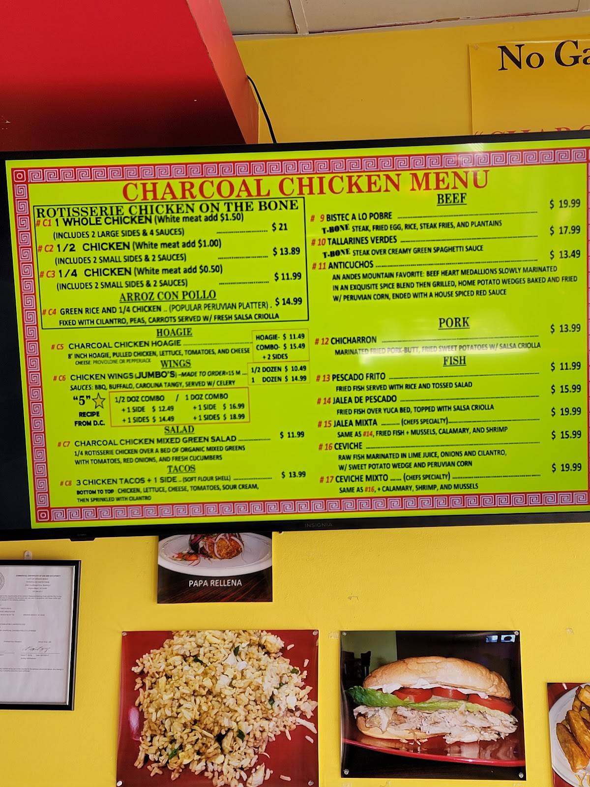 Menu at CHARCOAL CHICKEN Pollo A La Brasa restaurant, Virginia Beach