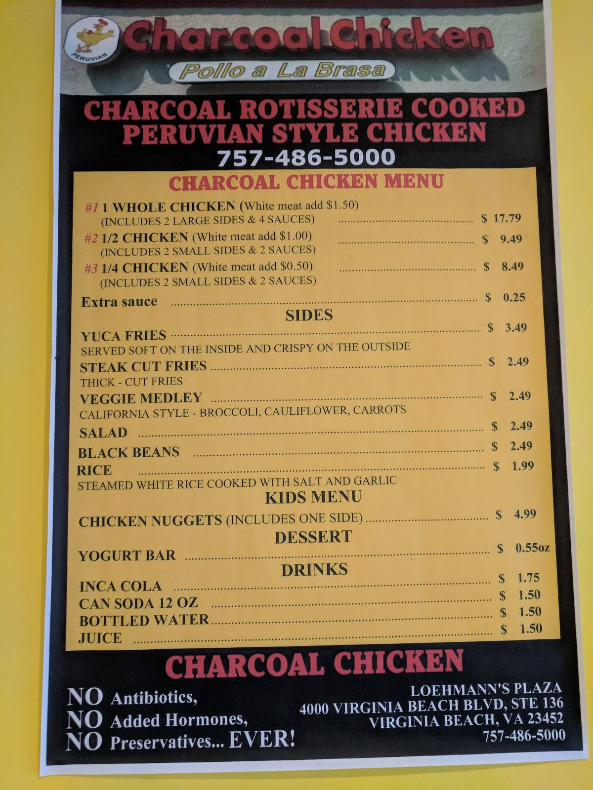 Menu at CHARCOAL CHICKEN Pollo A La Brasa restaurant, Virginia Beach