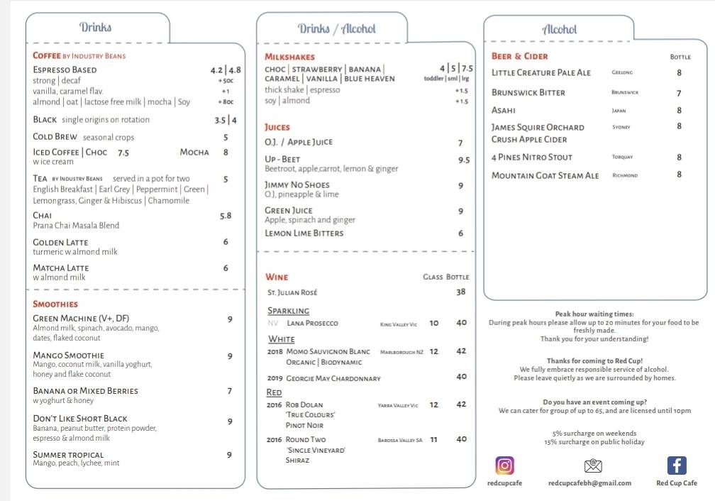 Menu at Red Cup Cafe, Box Hill