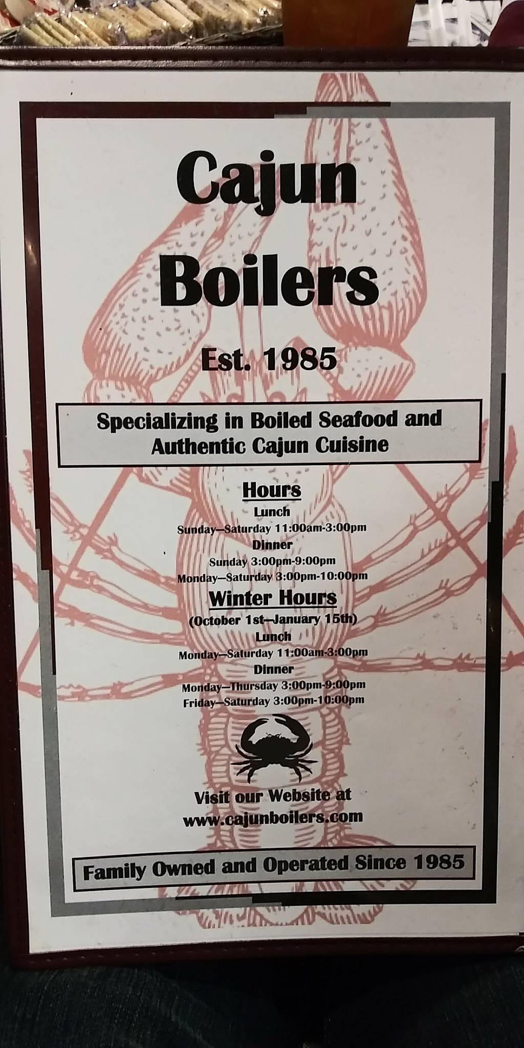 Menu at Cajun Boilers pub & bar, Hot Springs