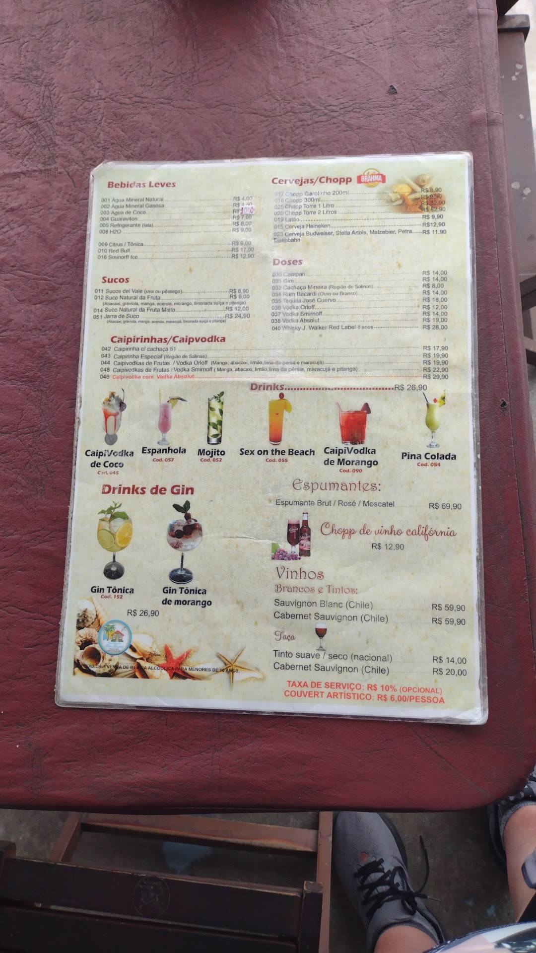Menu at Cantinho da Tia Maria restaurant, Cabo Frio