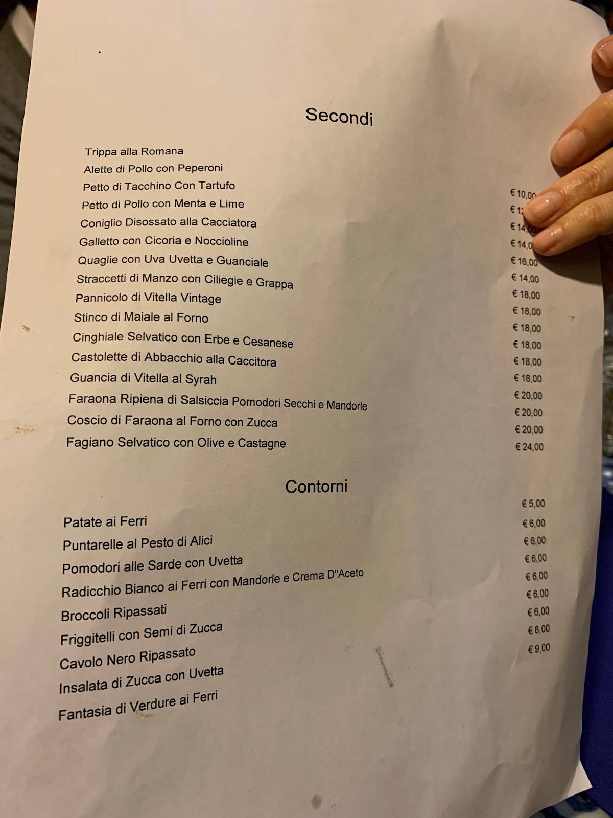 Menu da Arte e Vino ristorante, Castel Gandolfo