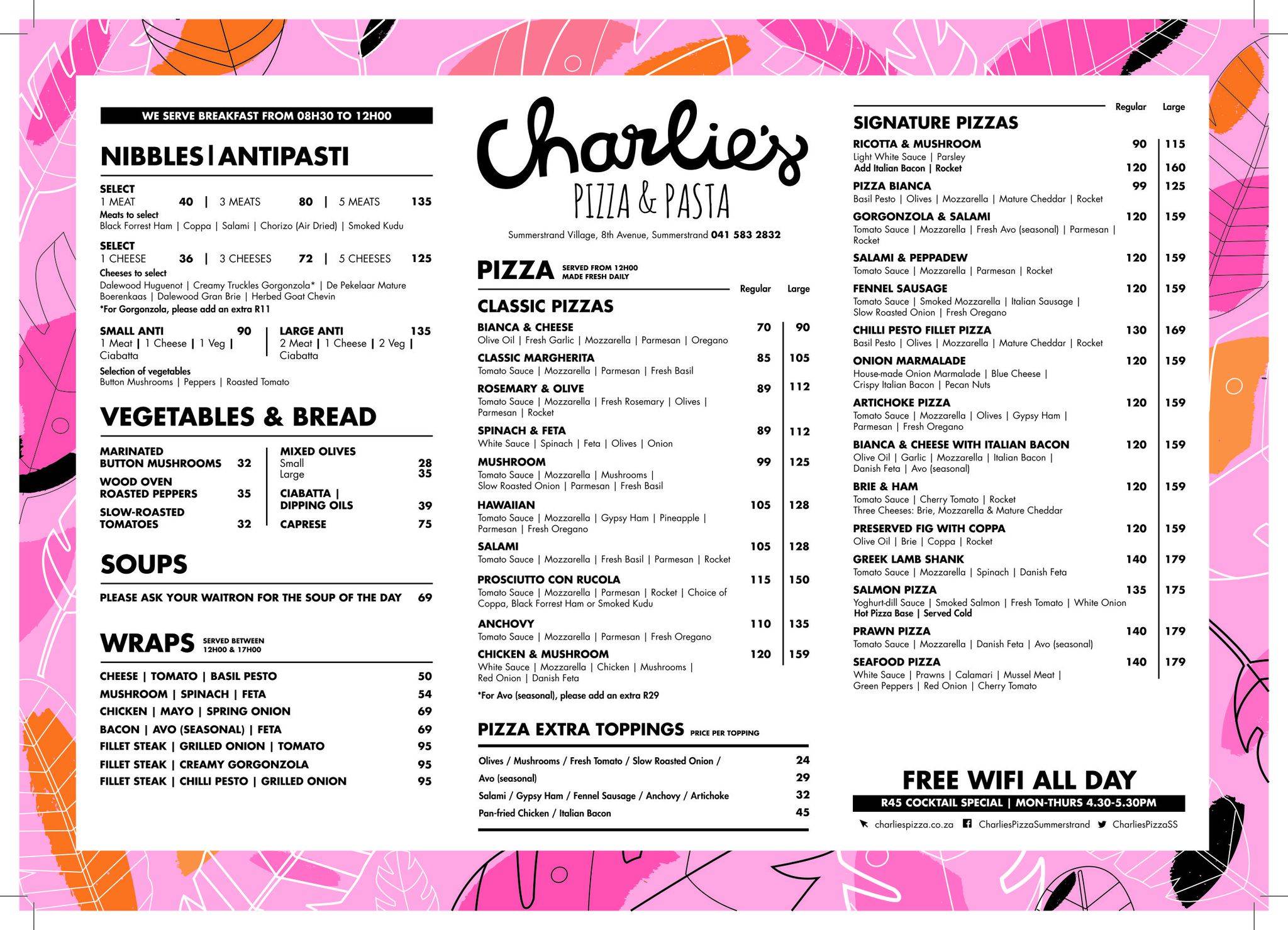 Menu at Charlie's Pizza & Pasta restaurant, Port Elizabeth, Summerstrand Village Shopping Centre