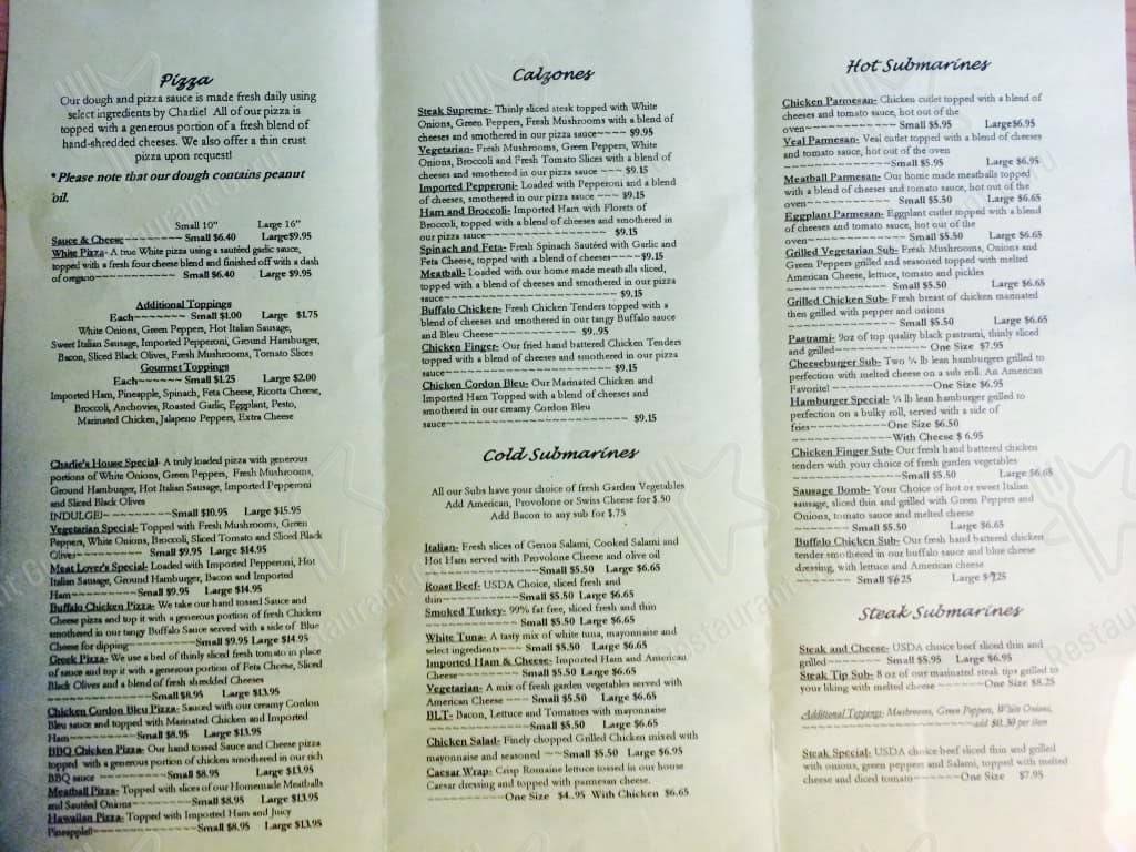 Menu at Charlie's of Rochester pizzeria, Rochester