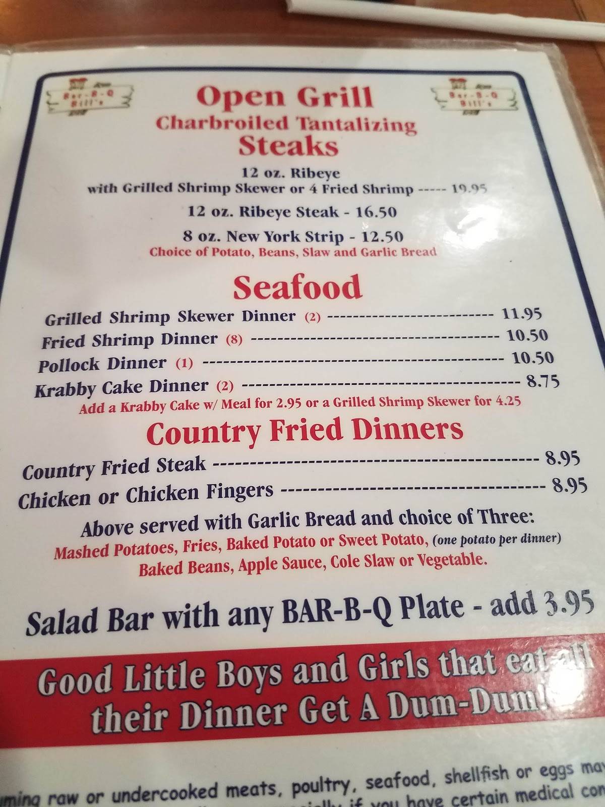 Menu at BarBQ Bill's, Chiefland