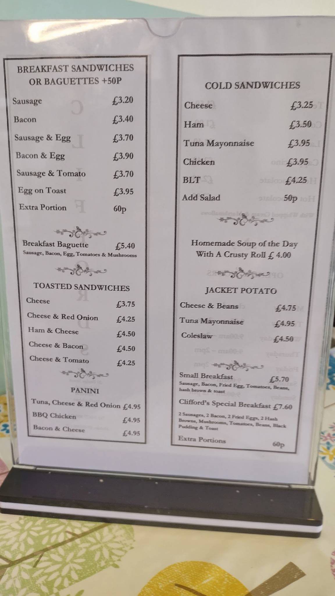 Menu at Cliffords cafe, Polesworth