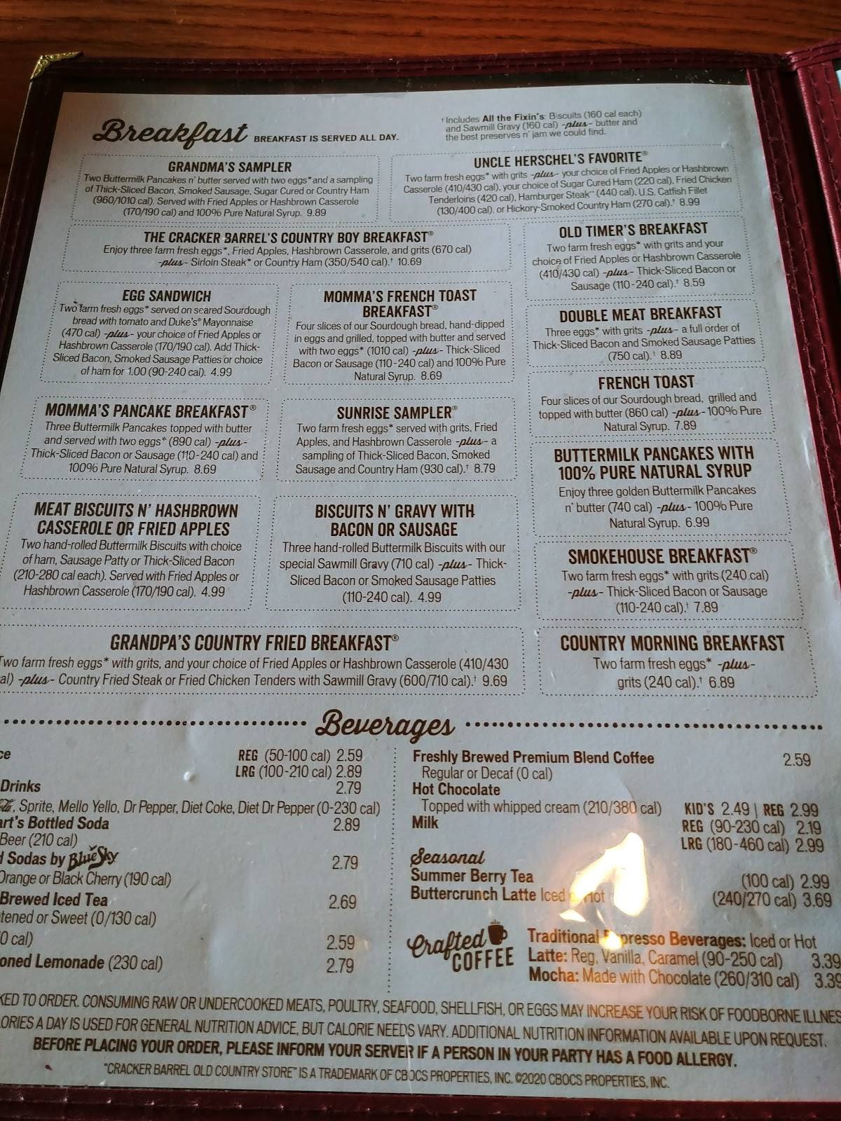Menu at Cracker Barrel Old Country Store, Terre Haute