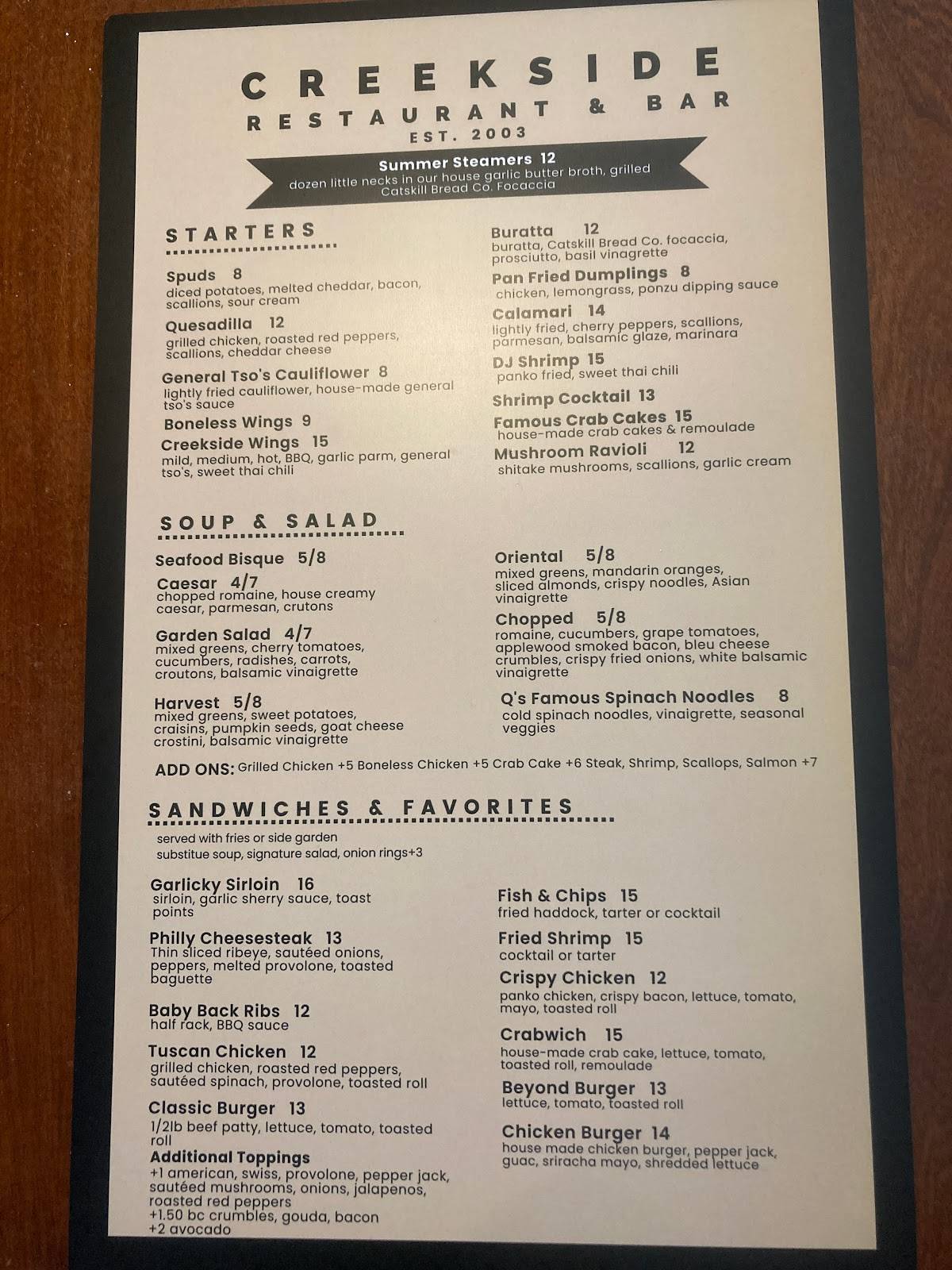 Menu at Creekside pub & bar, Catskill