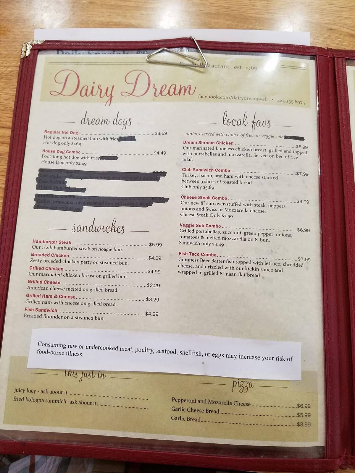 Menu at Dairy Dream restaurant, Bulls Gap, 271 Highway 11 E