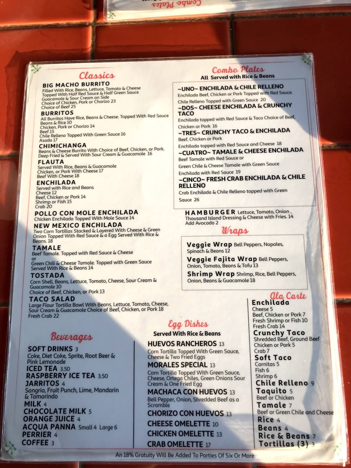 Menu at El Chorlito Mexican Restaurant, Cambria