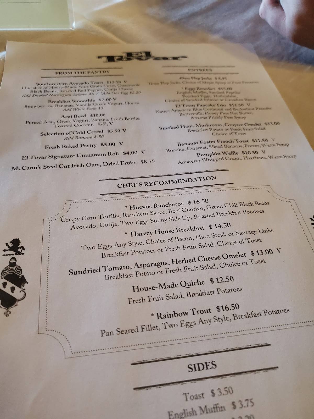 Menu at El Tovar Dining Room pub & bar, Grand Canyon Village, 1 El Tovar Rd