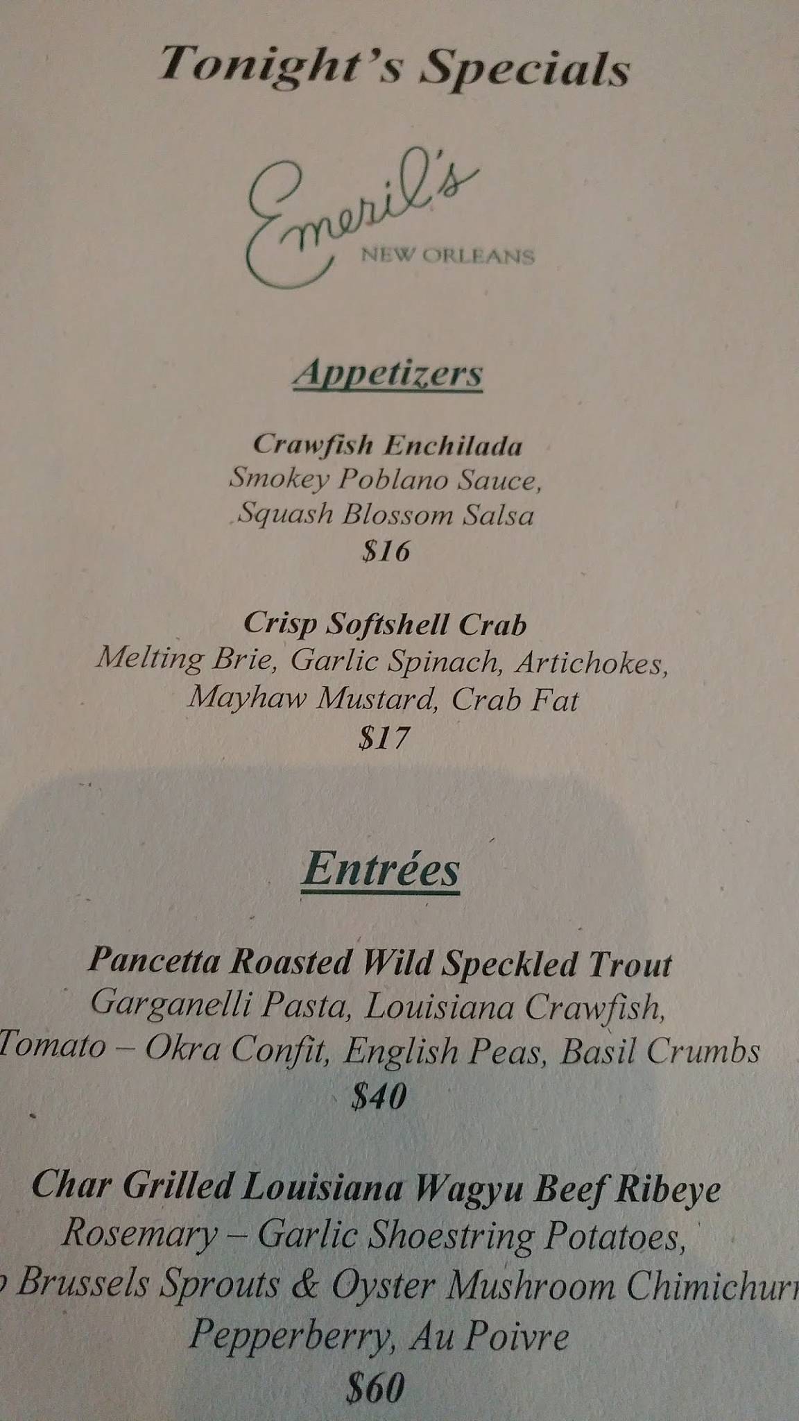 Menu At Emeril S Restaurant New Orleans