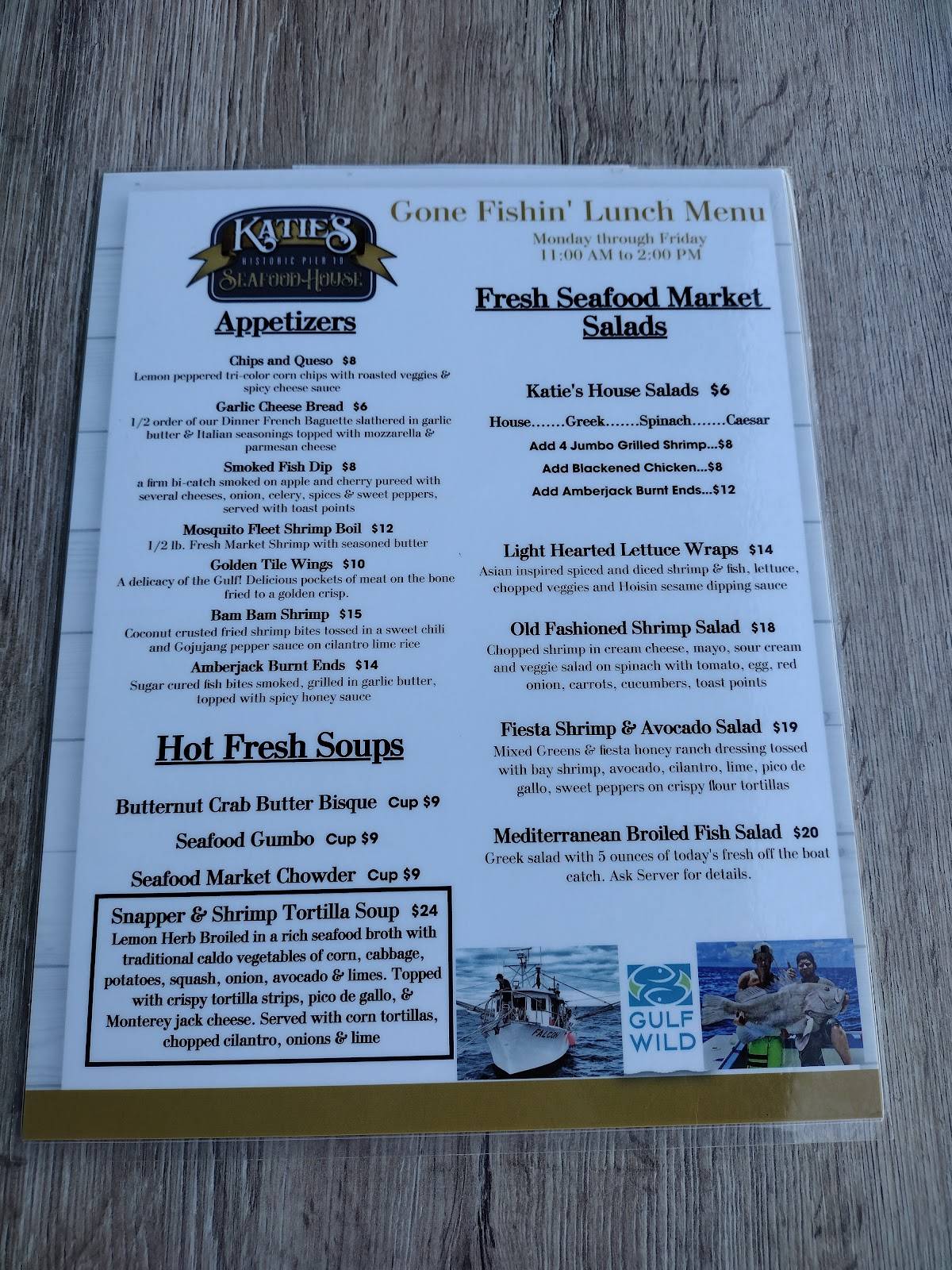 Menu at Katie's Seafood House restaurant, Galveston