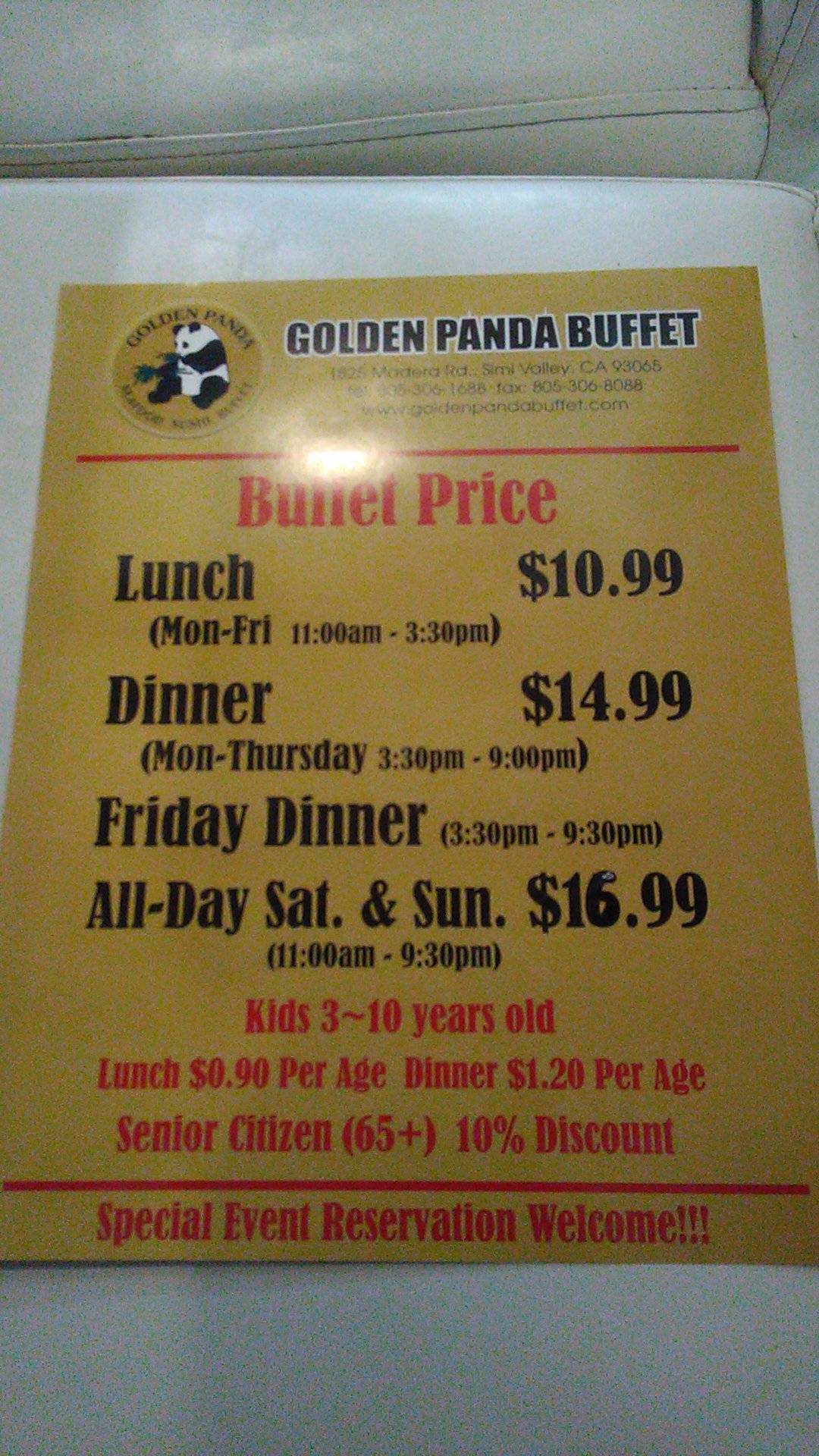 Menu at Golden Panda Buffet restaurant, Simi Valley