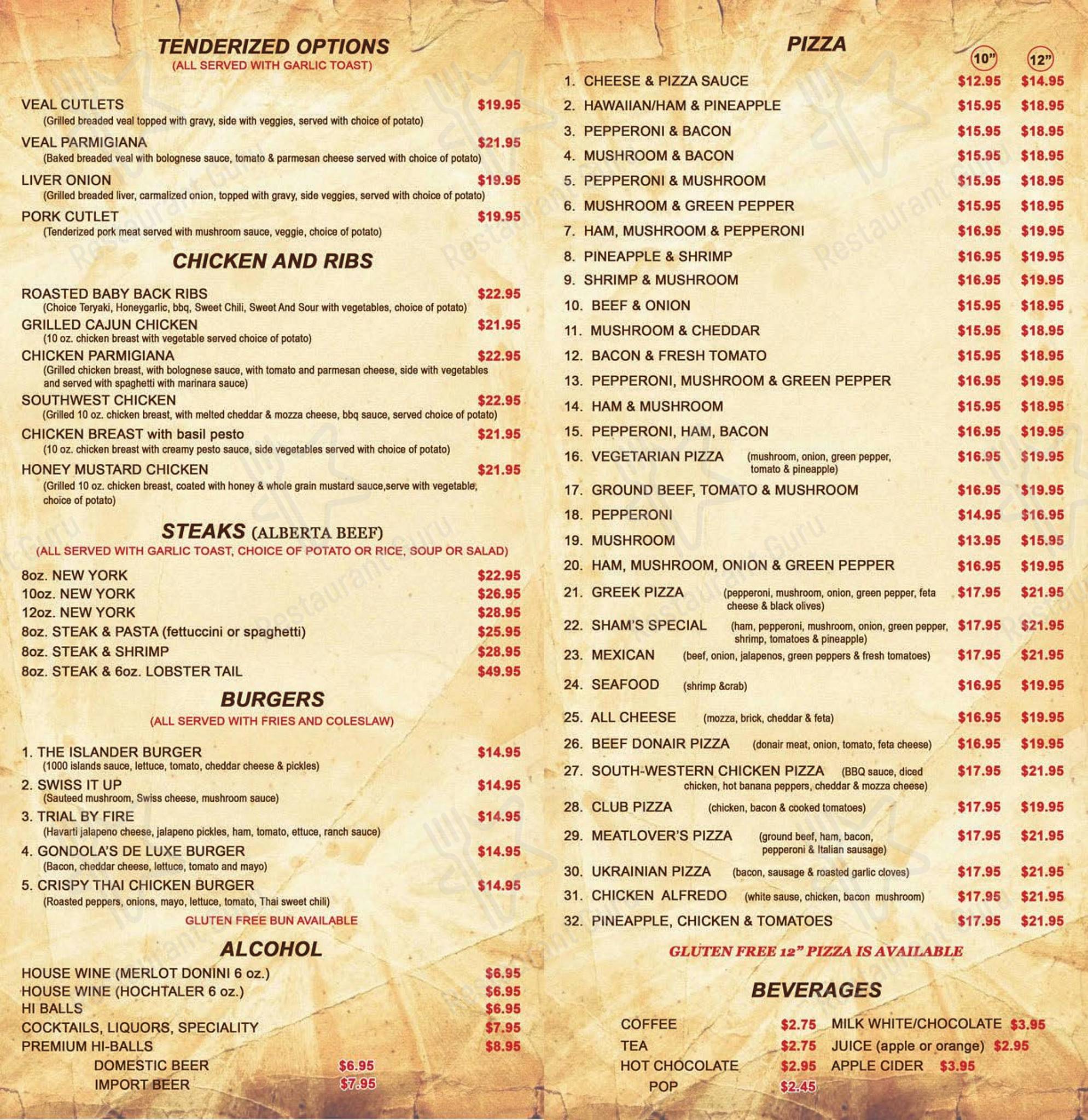Menu at Gondola's Steak & Pizza steakhouse, Lamont