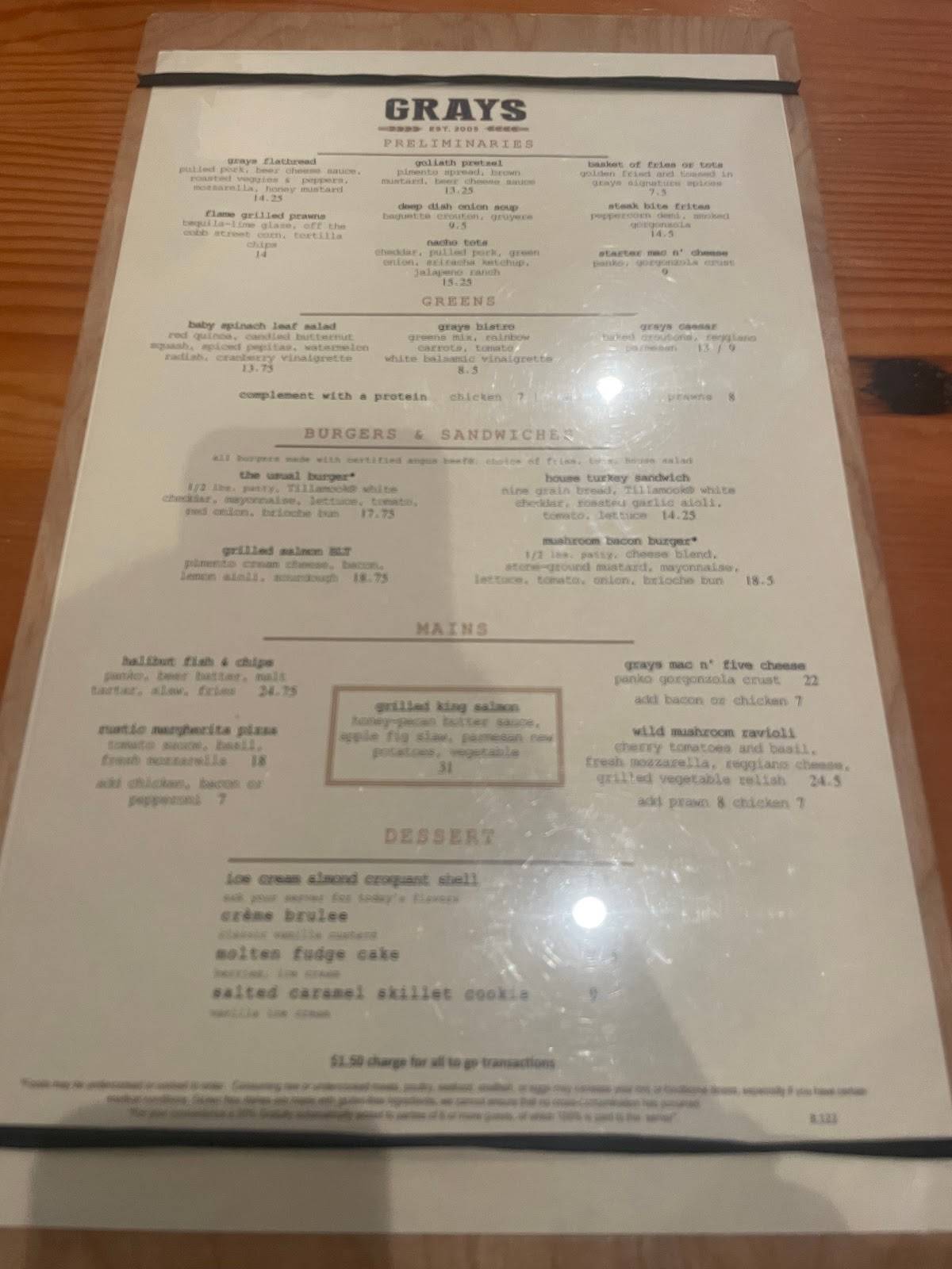 Menu at Grays Restaurant & Bar, Vancouver