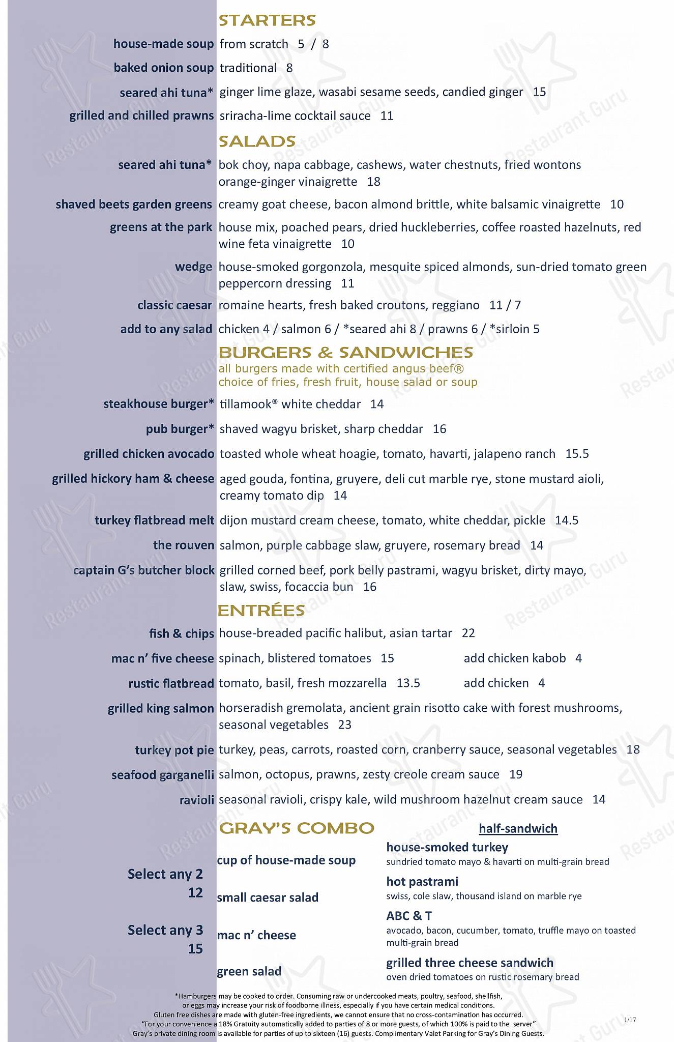 Menu at Grays Restaurant & Bar, Vancouver