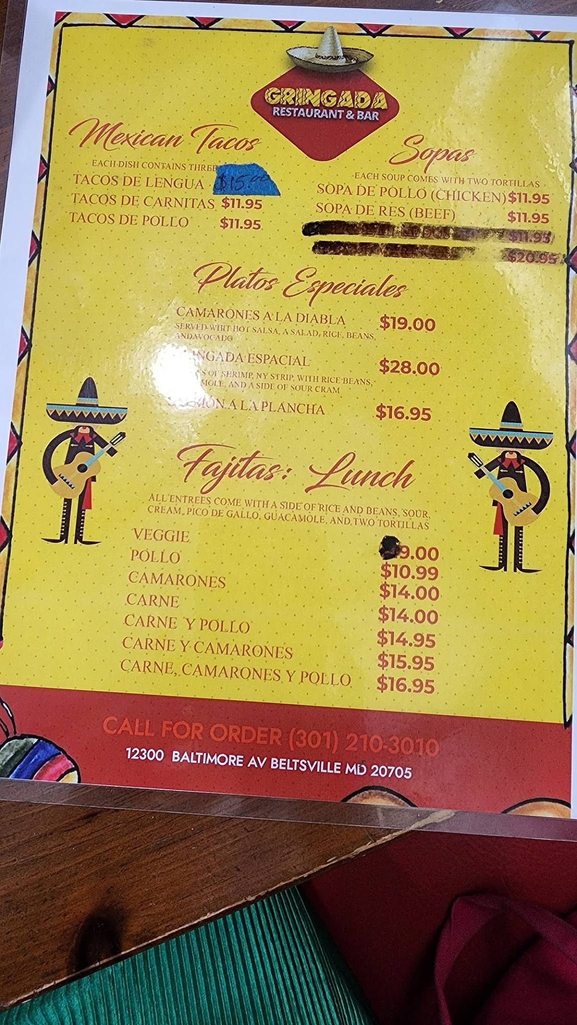 Menu at Gringada Mexican Restaurant, Beltsville