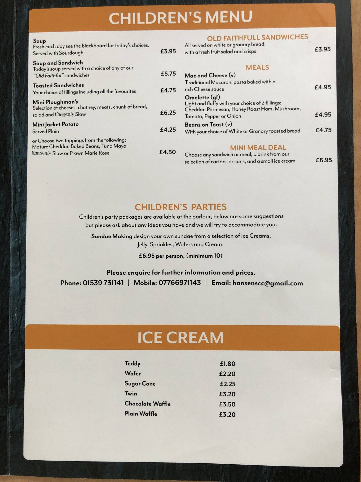 Menu at Hansens Ice Cream Parlour and Cafe, Kendal