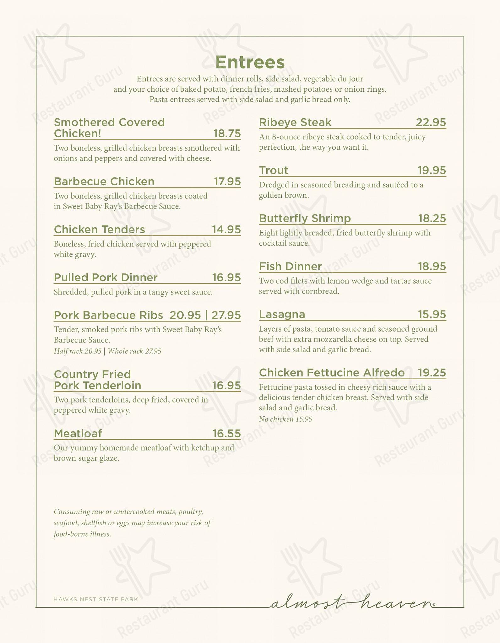 Menu at Hawks Nest State Park restaurant, Ansted