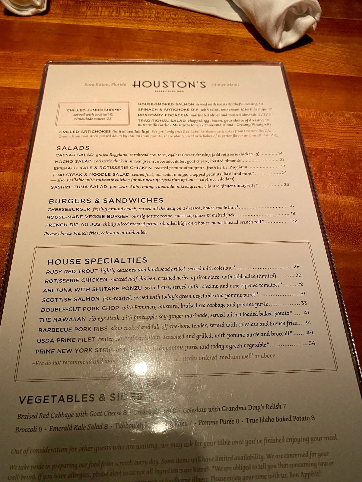 Menu at Houston's steakhouse, Boca Raton