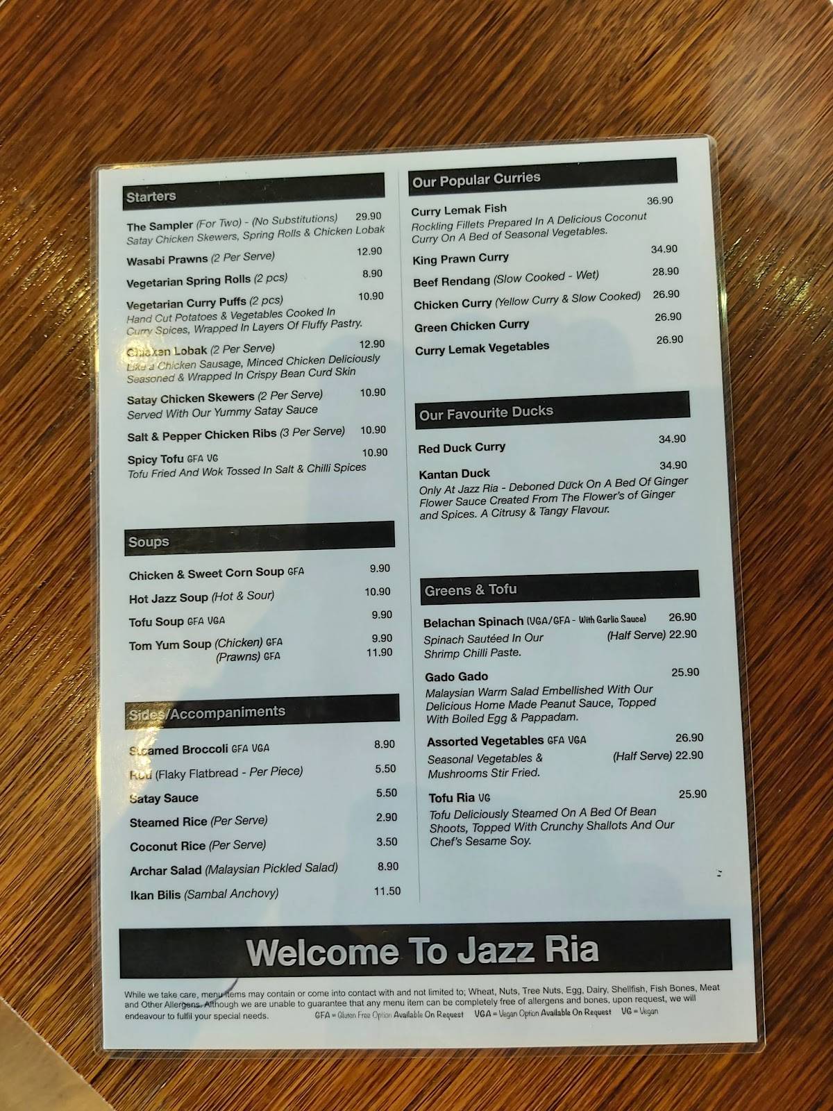 Menu at Jazz Ria Malaysian Restaurant, Balwyn