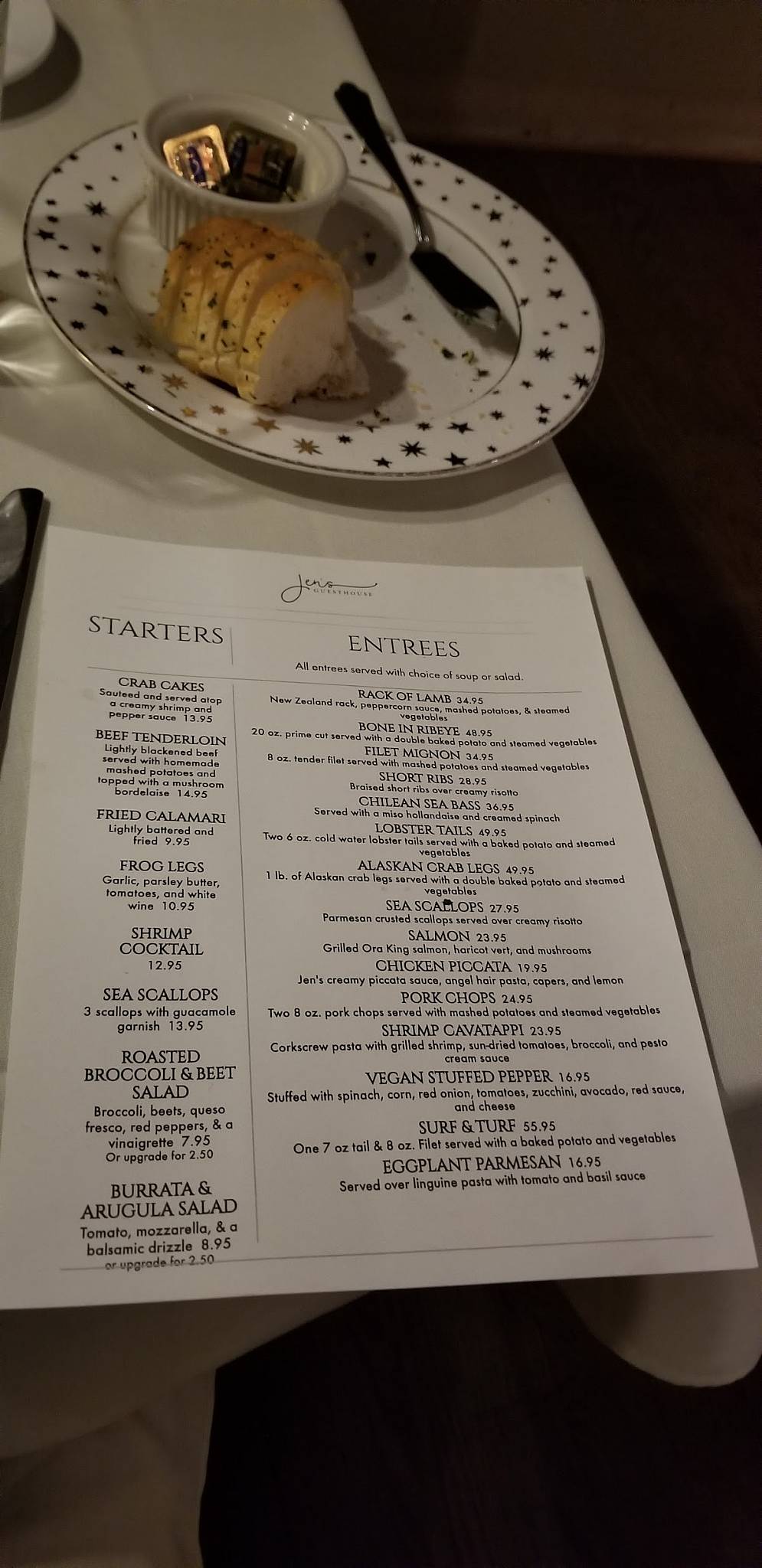 Menu at Jen's Guesthouse steakhouse, Willow Springs