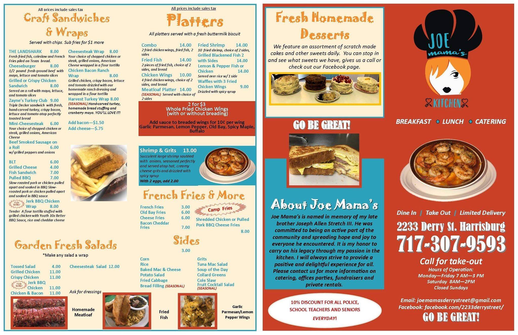 Menu at Joe Mama's Kitchen restaurant, Harrisburg, 2233 Derry St