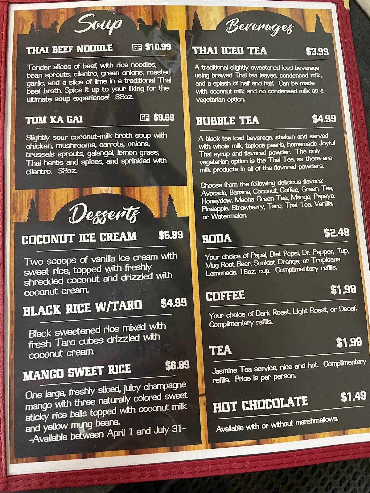 Menu at Joyful Thai restaurant, Tonasket