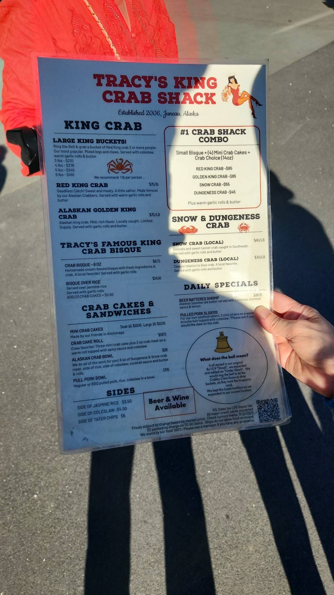 Menu at Tracy’s King Crab Shack restaurant, Juneau, 432 S Franklin St