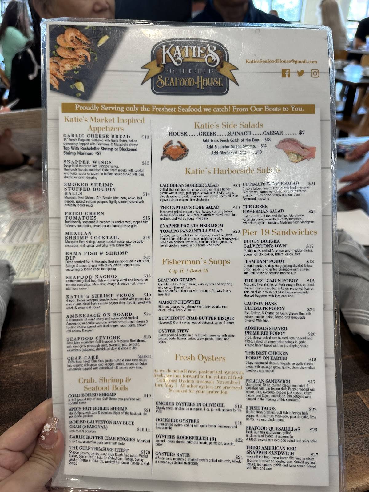 Menu at Katie's Seafood House restaurant, Galveston