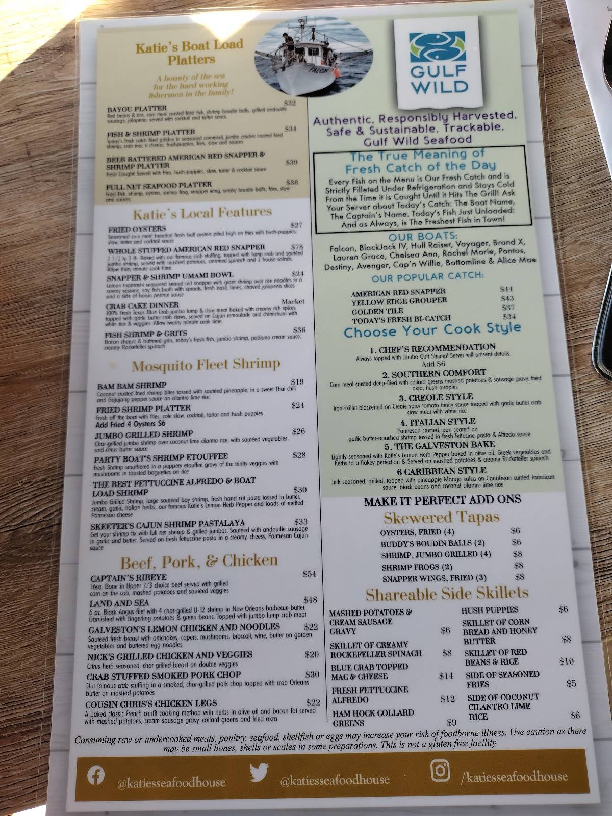 Menu at Katie's Seafood House restaurant, Galveston
