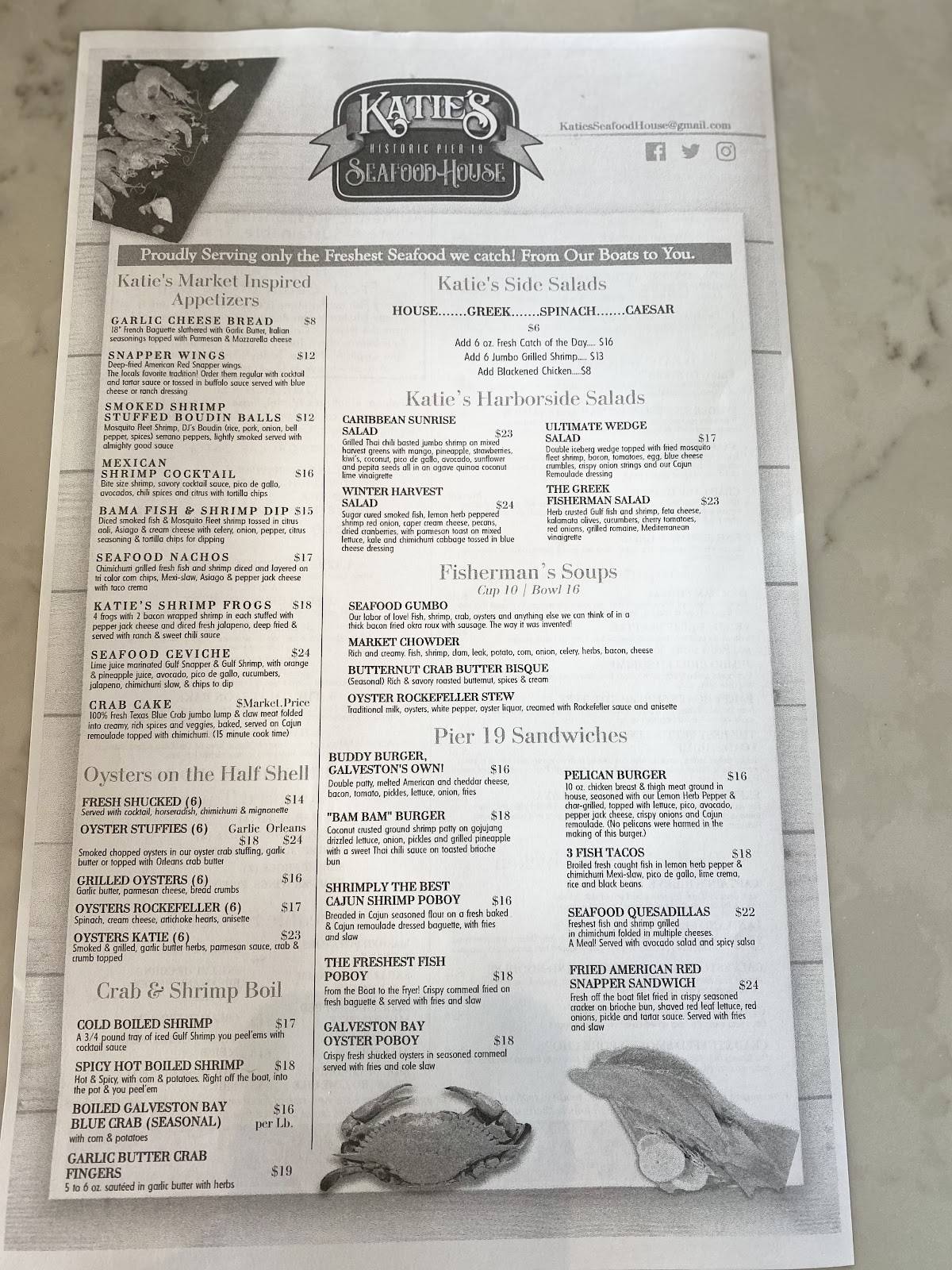 Menu at Katie's Seafood House restaurant, Galveston