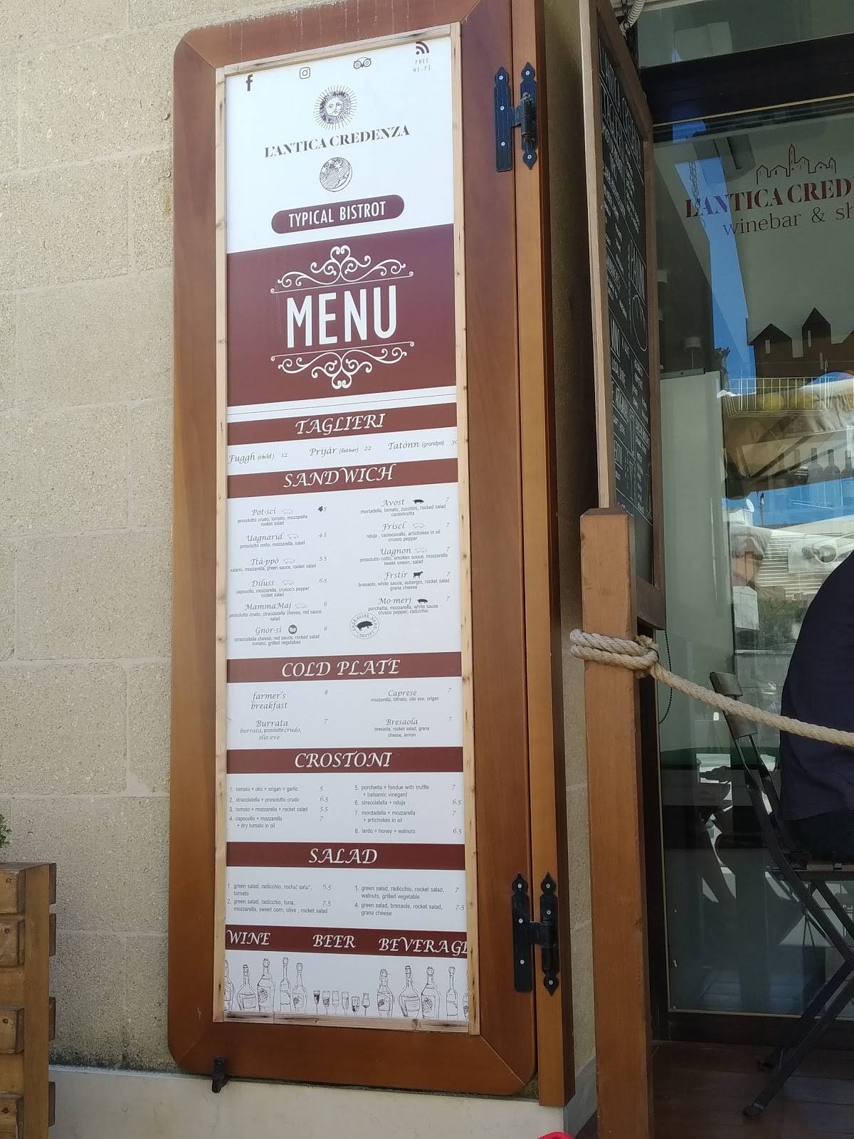 Menu da L'Antica Credenza La Paninoteca ristorante, Matera