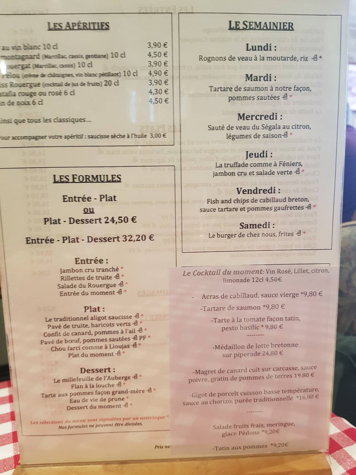 Menu at LAuberge Aveyronnaise restaurant, Paris