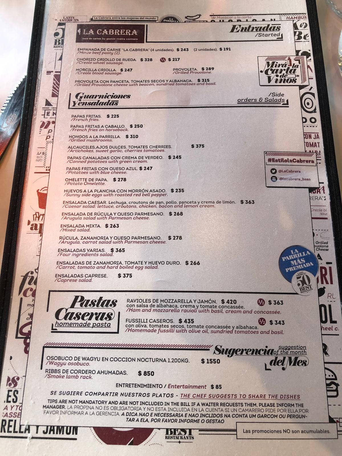 Menu at La Cabrera steakhouse, Buenos Aires, José A. Cabrera 5127