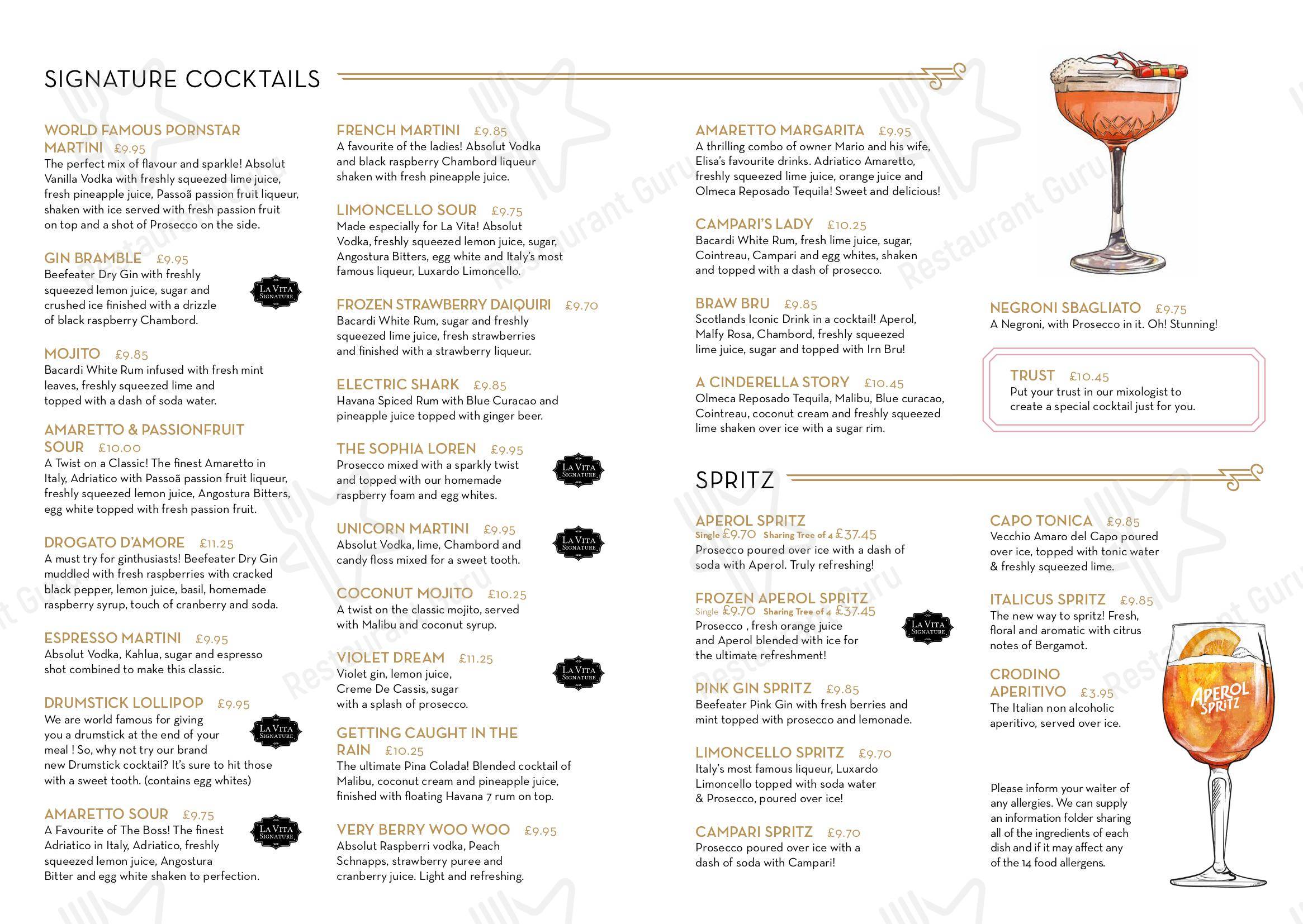 Menu at La Vita Barrachnie, Glasgow