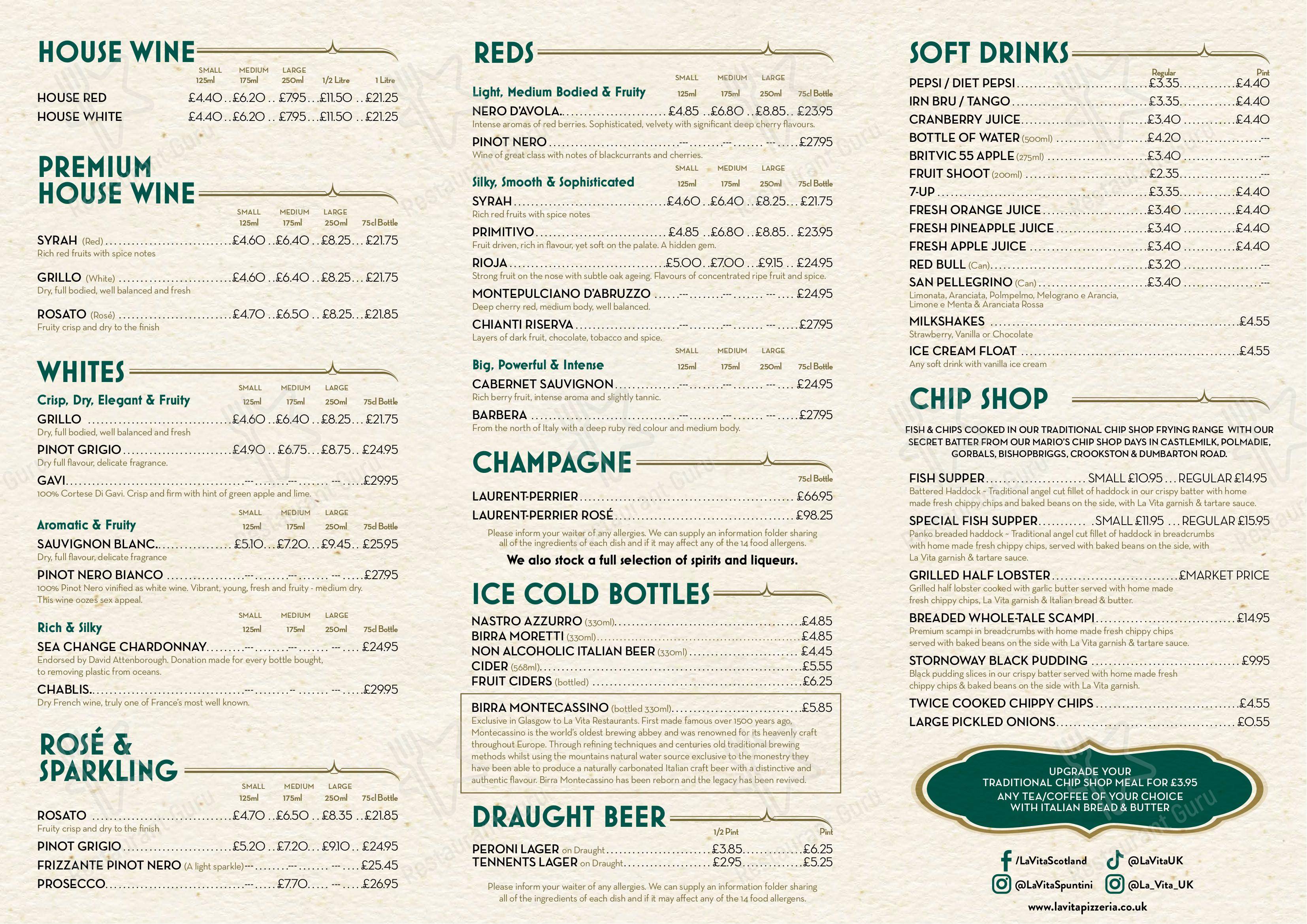 Menu at La Vita Barrachnie, Glasgow