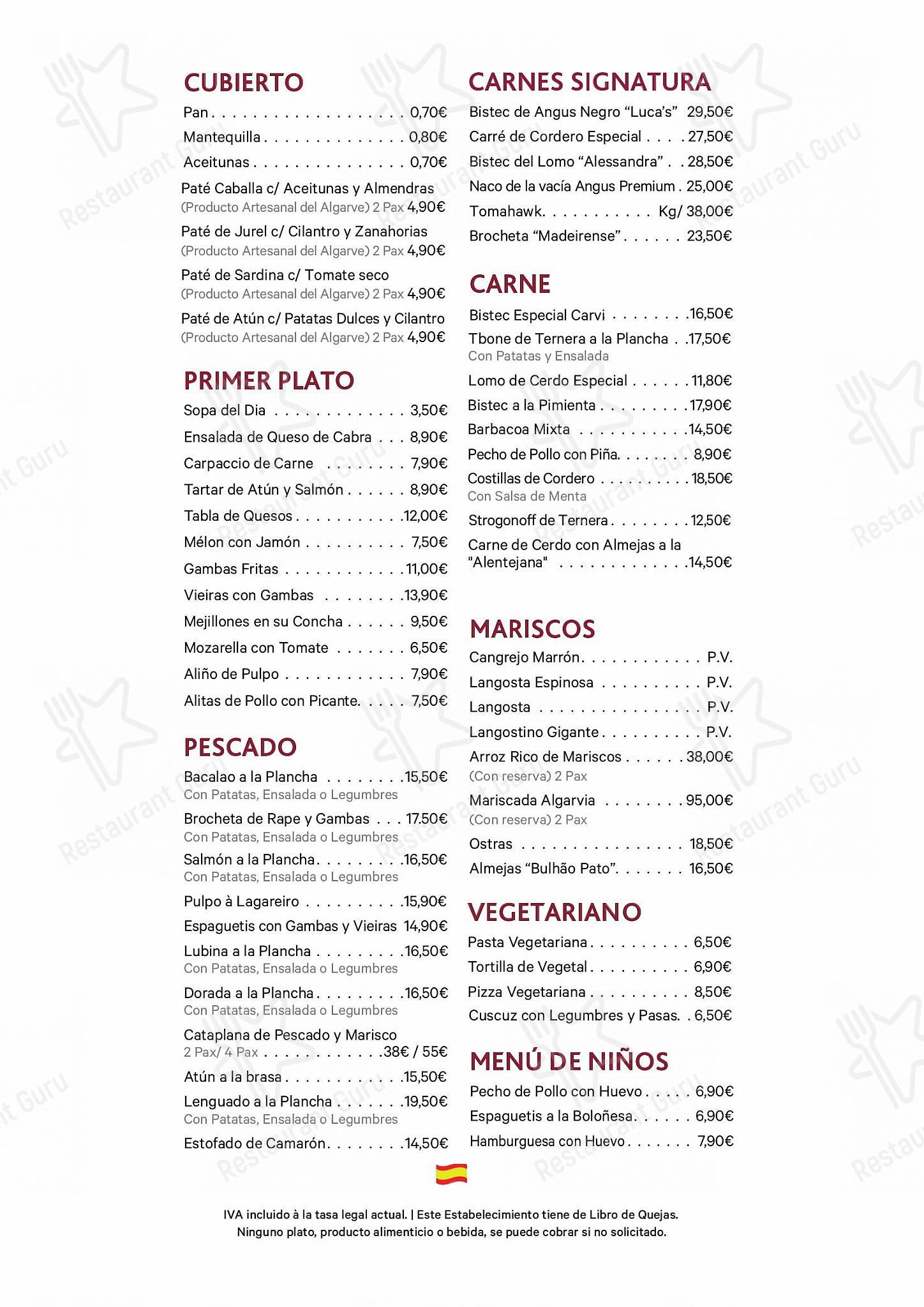 Carta de Luca’s Rooftop Restaurant, Lagos