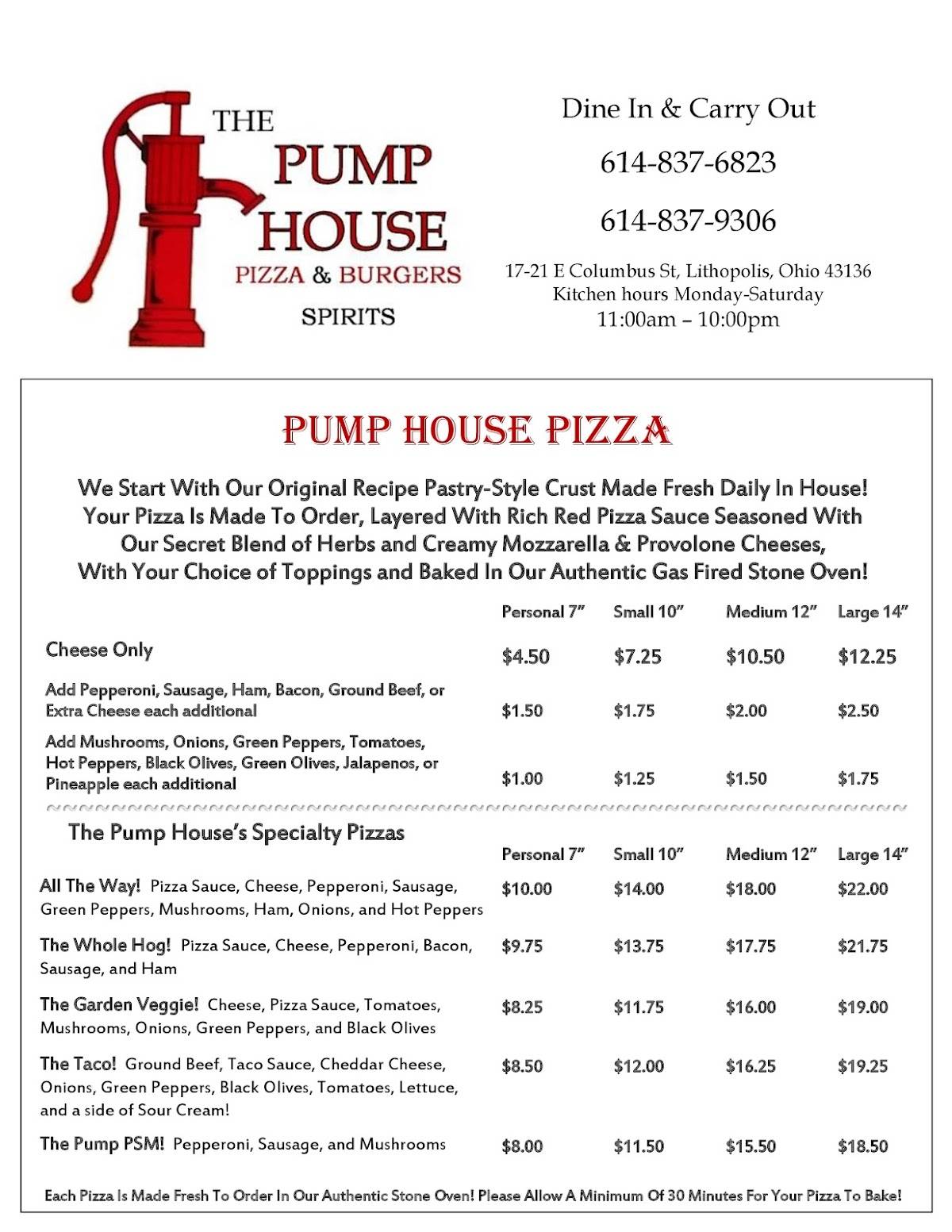Menu at The Pump House Bar and Pizzeria, Lithopolis