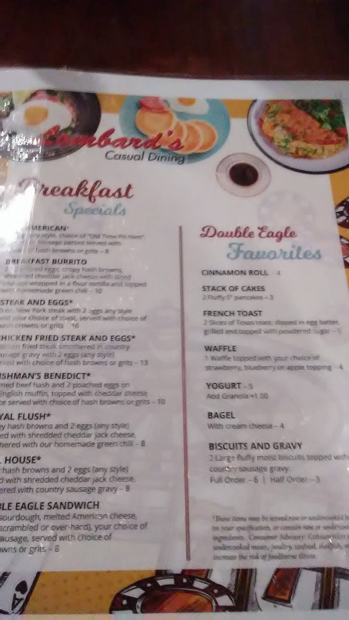 Menu at Lombard's Restaurant, Cripple Creek, 442 Dr