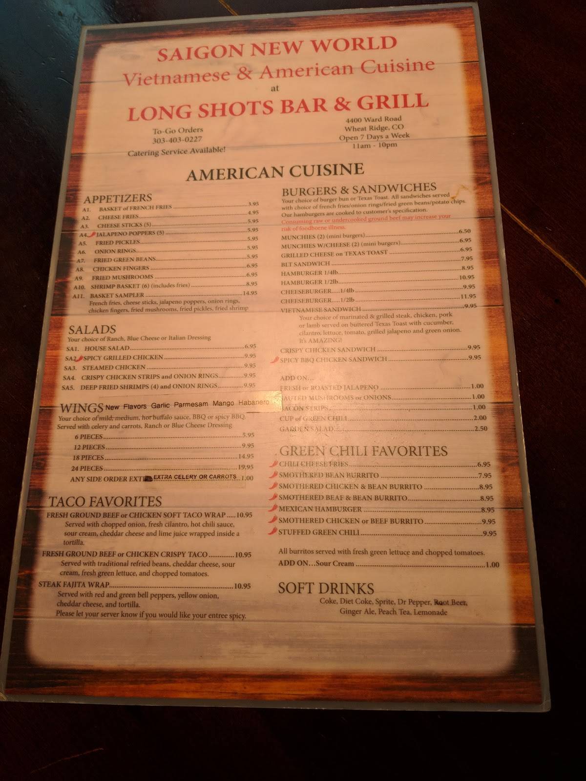 Menu at Long Shots Bar & Grill, Wheat Ridge