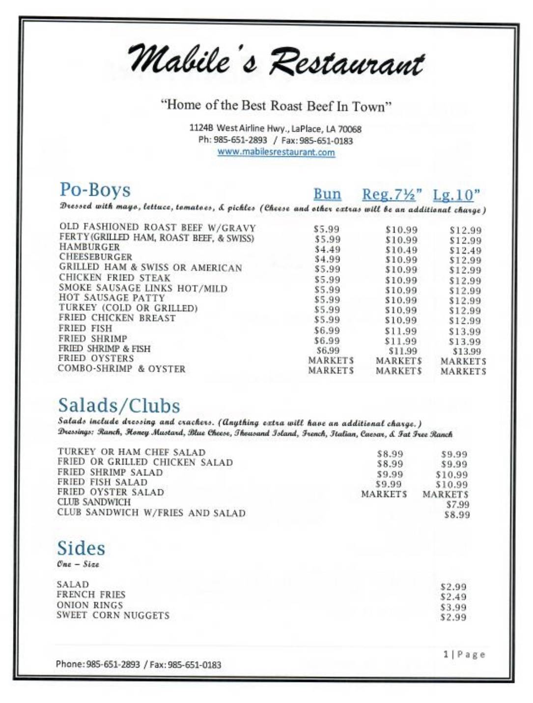 Menu at Mabile's Restaurant, LaPlace