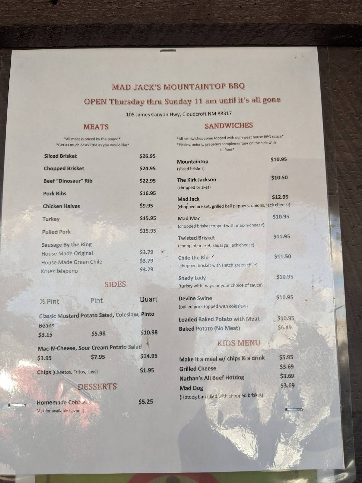 Menu at Mad Jack's Mountaintop Barbecue, Cloudcroft