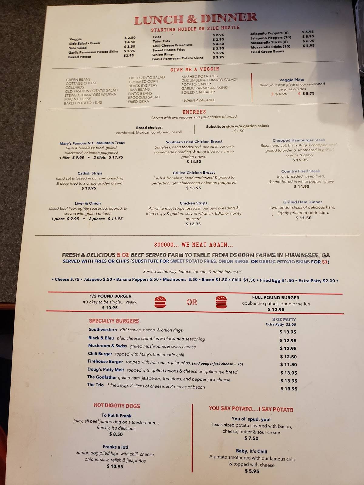 Menu at Mary's Southern Grill restaurant, Young Harris