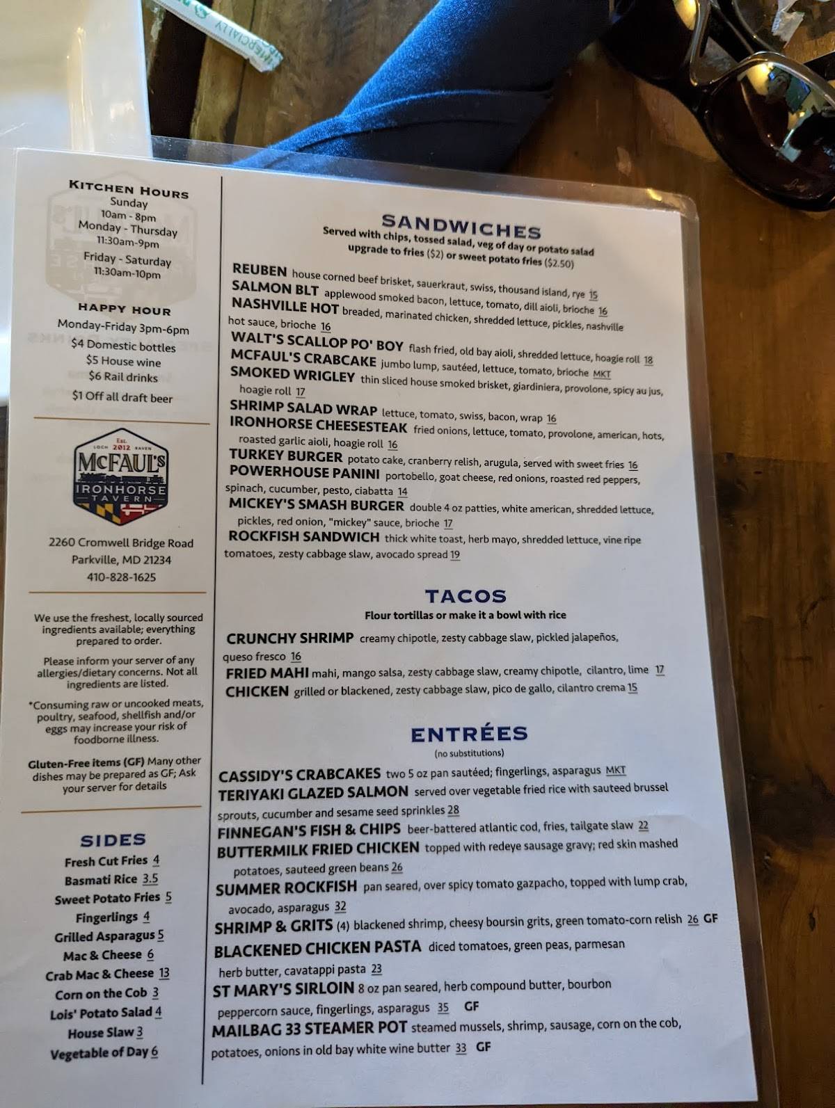 Menu at McFaul's IronHorse Tavern pub & bar, Parkville