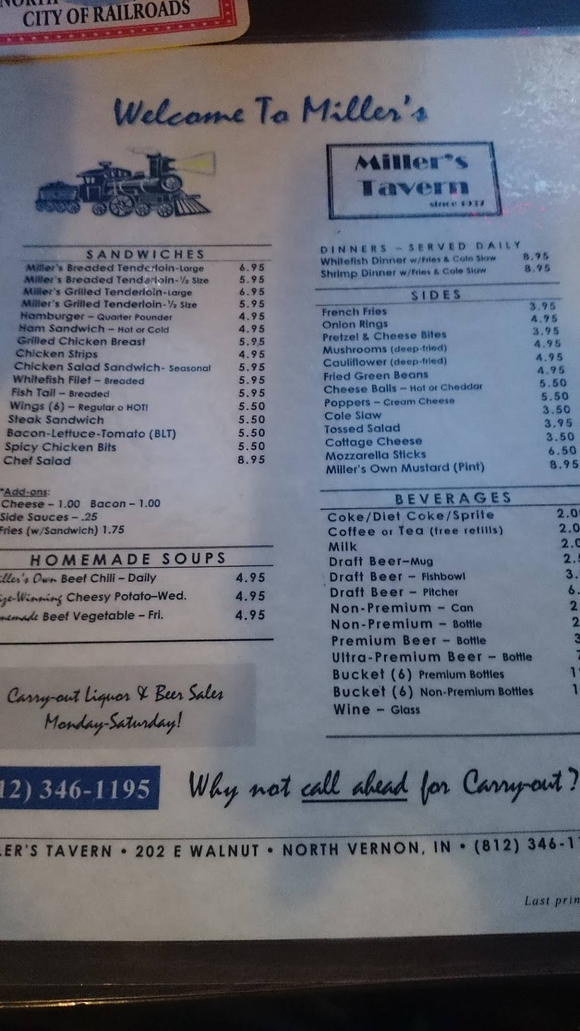 Menu at Miller's Tavern pub & bar, North Vernon