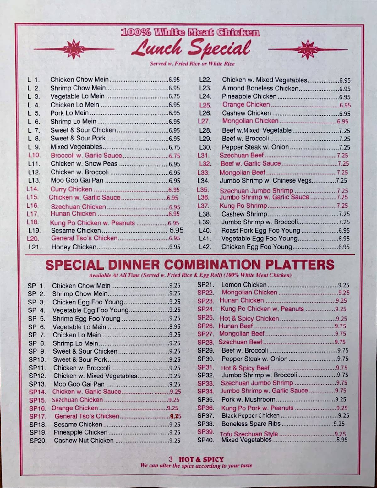 Menu at Ming Moon restaurant, Oregon