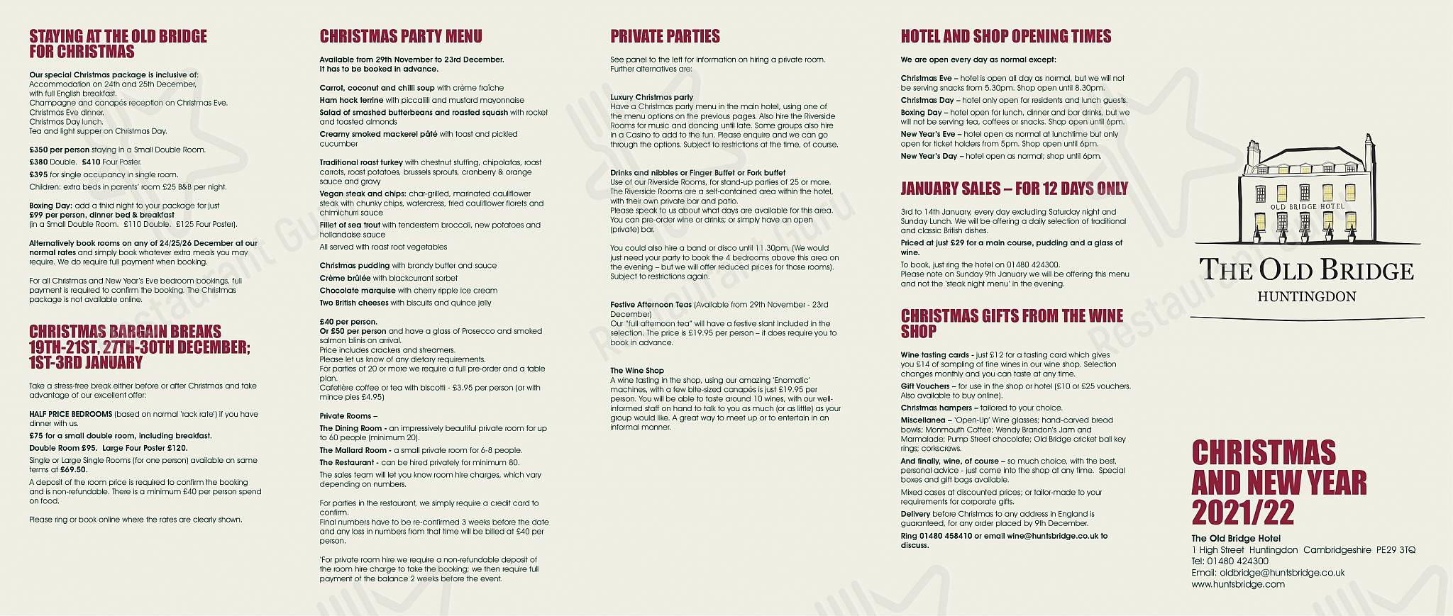 Menu at The Old Bridge Hotel restaurant, Huntingdon